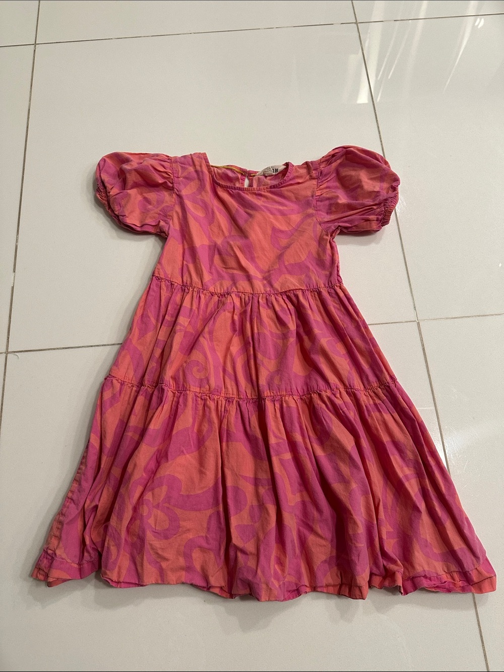 Mini Boden Pink & Coral Tiered Puff-Sleeve Dress